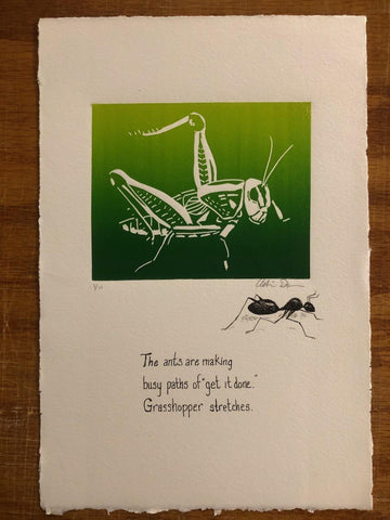 "Grasshopper" Relief Print with Haiku by Adrien Dawson
