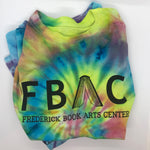 Rainbow tie-dye t-shirt with the FBAC logo and "Frederick Book Arts Center" in black letters.